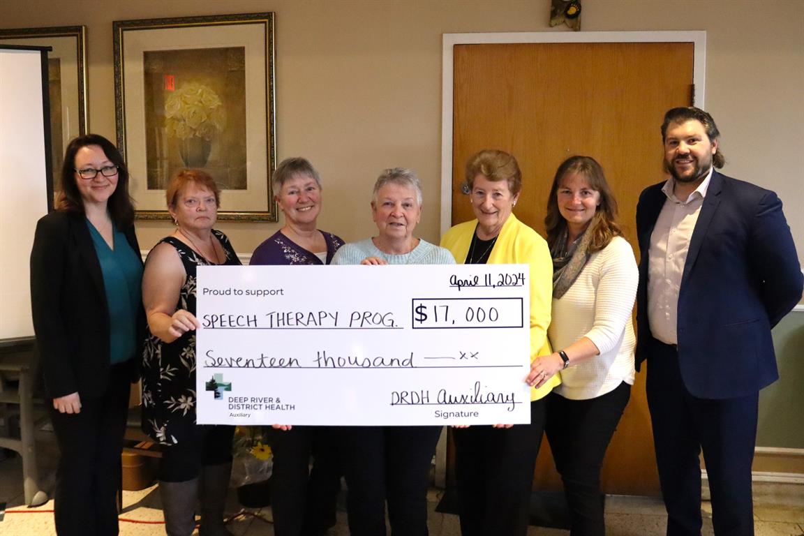 Pictured here presenting the third of the three donations provided is Janna Hotson – DRDH President and CEO, Auxiliary Members Eileen Burke, Shirley Lachance, Maureen McCarthy, Shirley Leakey, Carolyn Chassé, and William Willard – DRDH Executive Vice President and CFO.